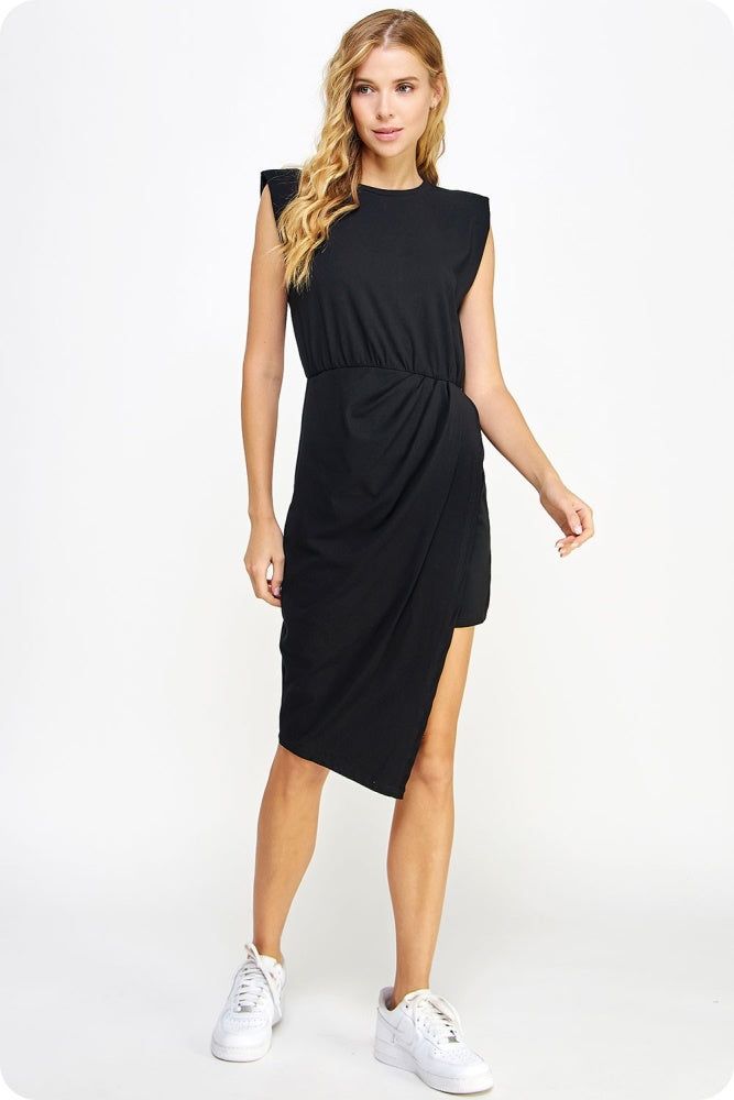 Black Asymmetric Sleeveless Padded Midi Dress sold by Pinkblush