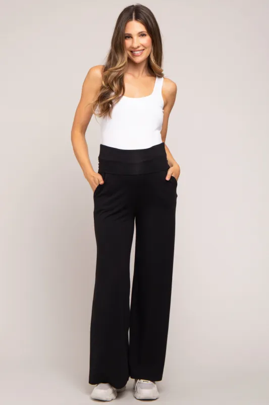 Black Foldover Band Wide Leg Maternity Lounge Pants sold by Pinkblush