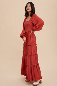 Rust Swiss Dot Ruffle Accent Tiered Maxi Dress sold by Pinkblush