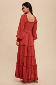 Rust Swiss Dot Ruffle Accent Tiered Maxi Dress sold by Pinkblush