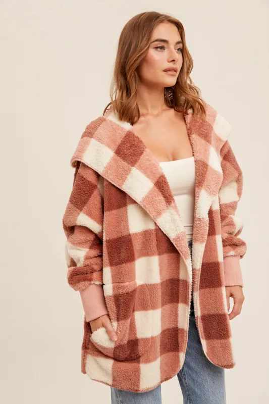 Mauve Plaid Hooded Cardigan sold by Pinkblush