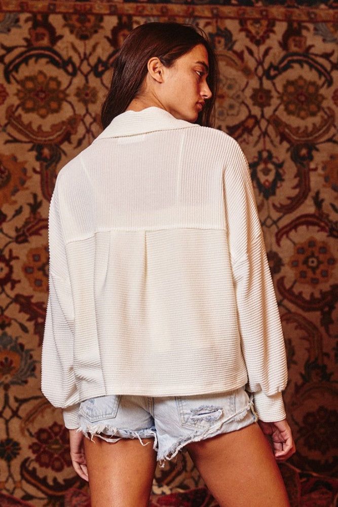 Ivory Soft Solid Rib Knit Cropped Shacket Top sold by Pinkblush product image thumbnail 3