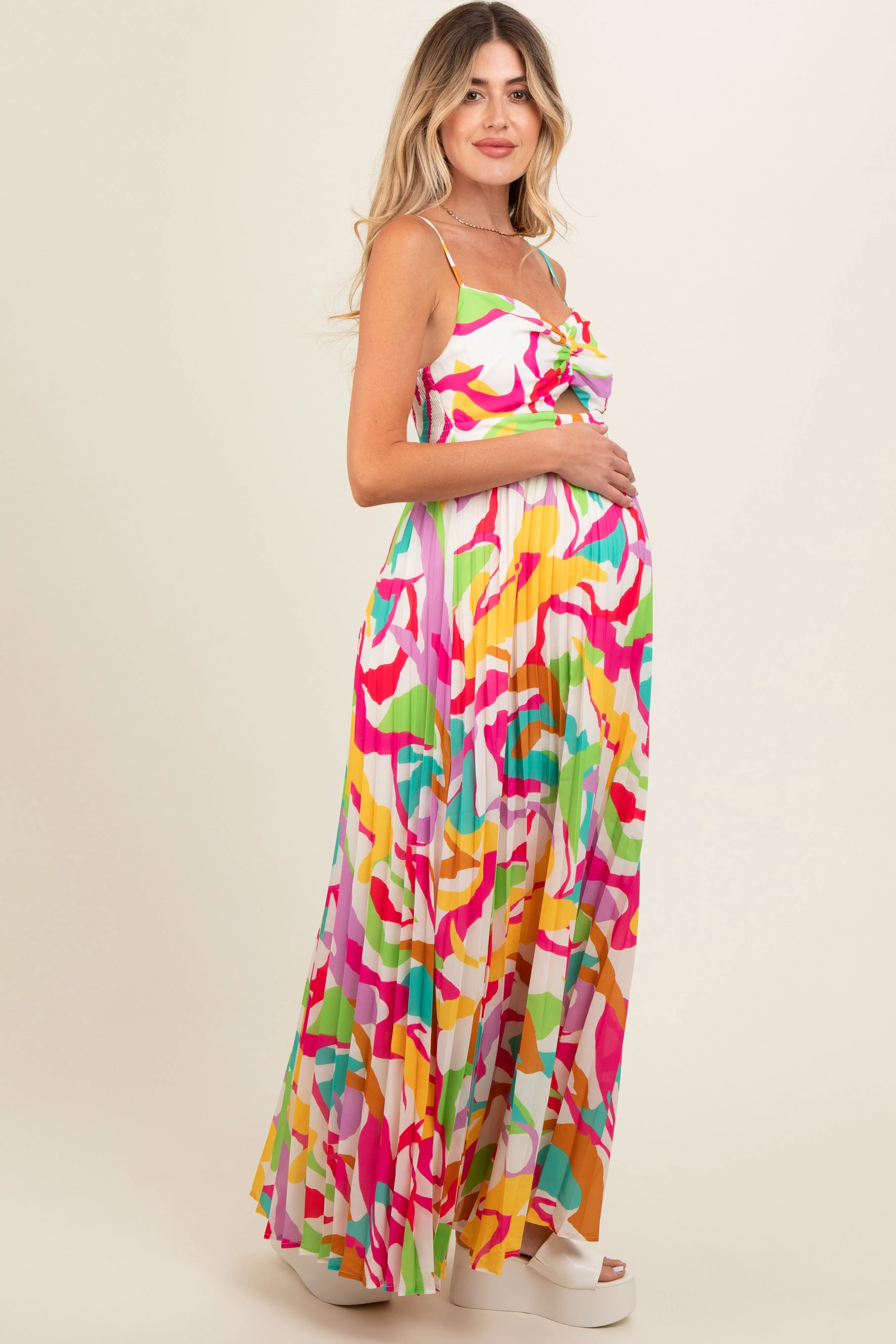 Ivory Printed Sleeveless Front Twist Maternity Maxi Dress sold by Pinkblush product image thumbnail 3