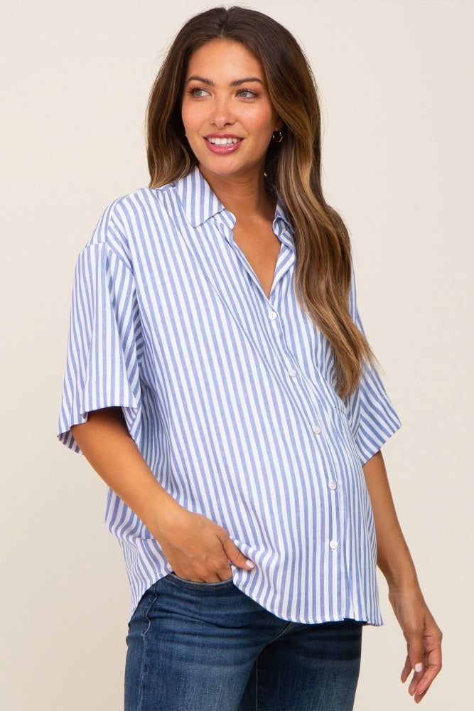 Blue Striped Button Down Maternity Top sold by Pinkblush