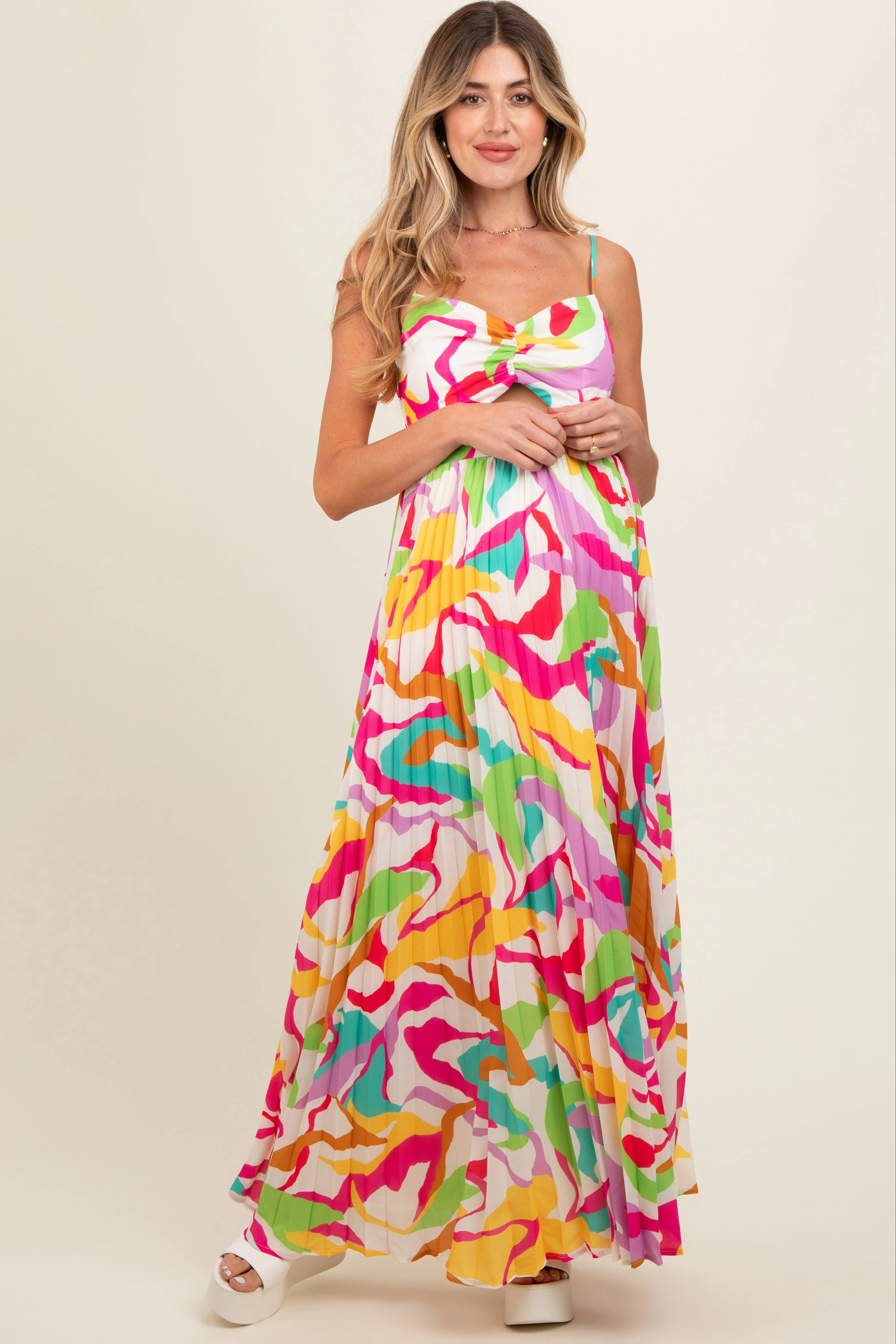 Ivory Printed Sleeveless Front Twist Maternity Maxi Dress sold by Pinkblush