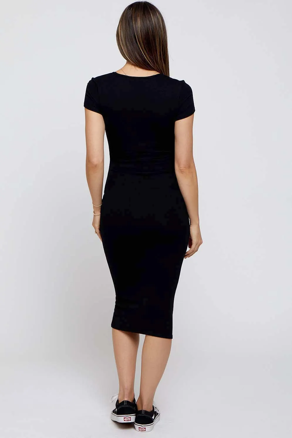 Black Rib Knit Short Sleeve Maternity Midi Dress sold by Pinkblush product image thumbnail 4