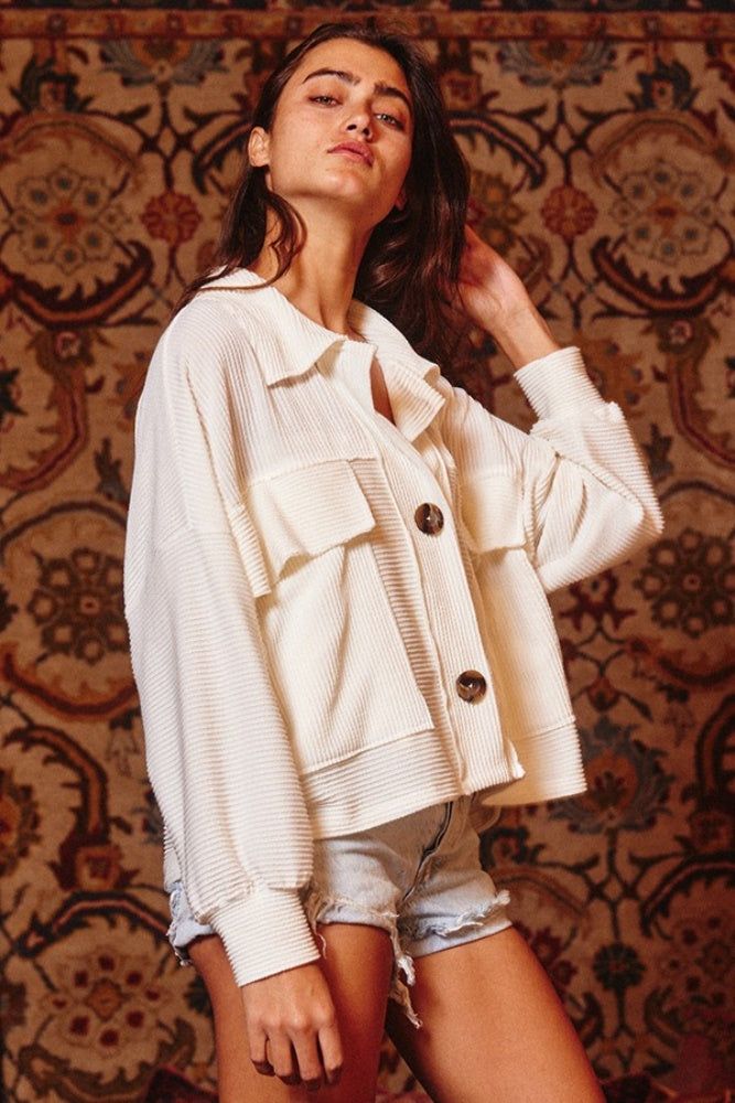 Ivory Soft Solid Rib Knit Cropped Shacket Top sold by Pinkblush product image thumbnail 2