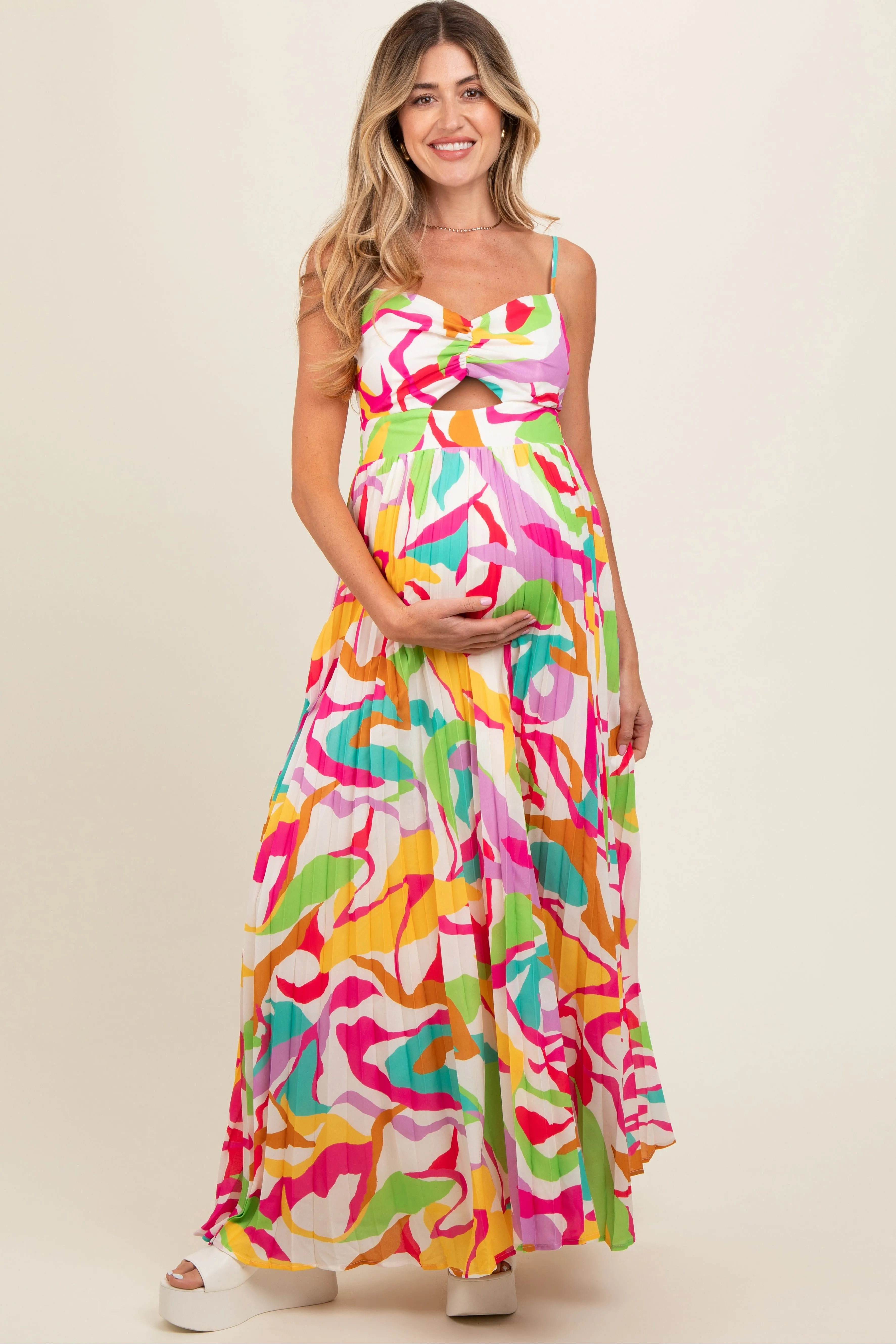 Ivory Printed Sleeveless Front Twist Maternity Maxi Dress sold by Pinkblush product image thumbnail 2