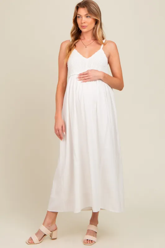 Ivory V-Neck Crochet Top Maternity Midi Dress sold by Pinkblush