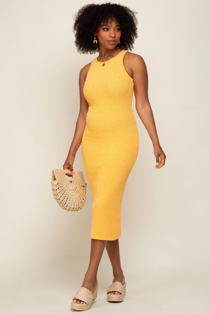 Gold Sleeveless Ribbed Knit Fitted Midi Dress sold by Pinkblush product image thumbnail 4