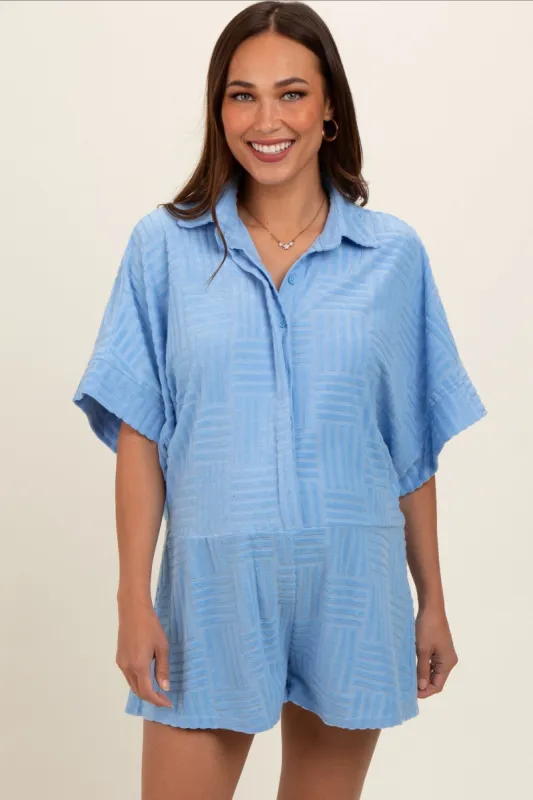 Light Blue Textured Button Front Short Sleeve Maternity Romper sold by Pinkblush