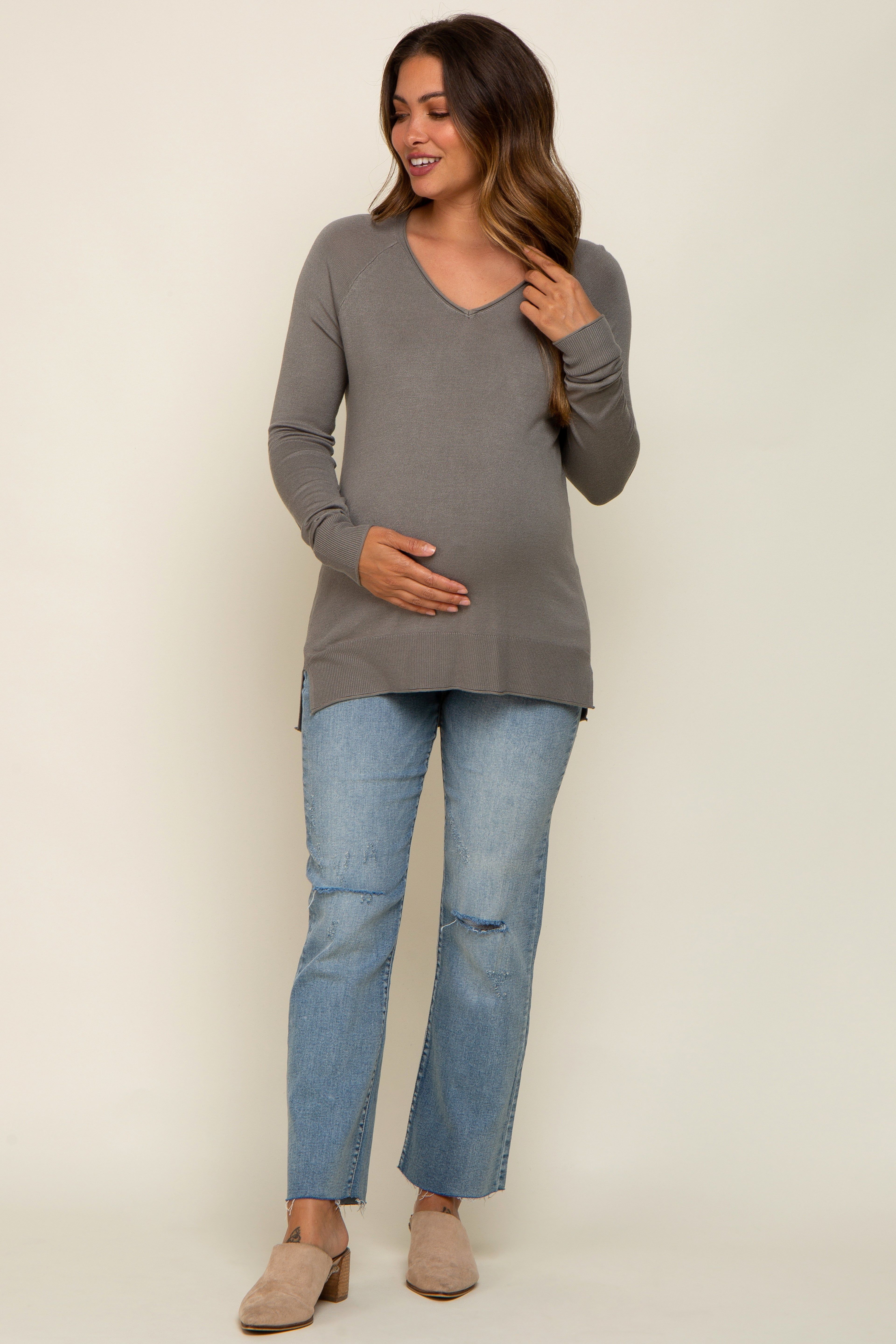 Olive Fine Knit V-Neck Side Slit Maternity Top sold by Pinkblush product image thumbnail 4