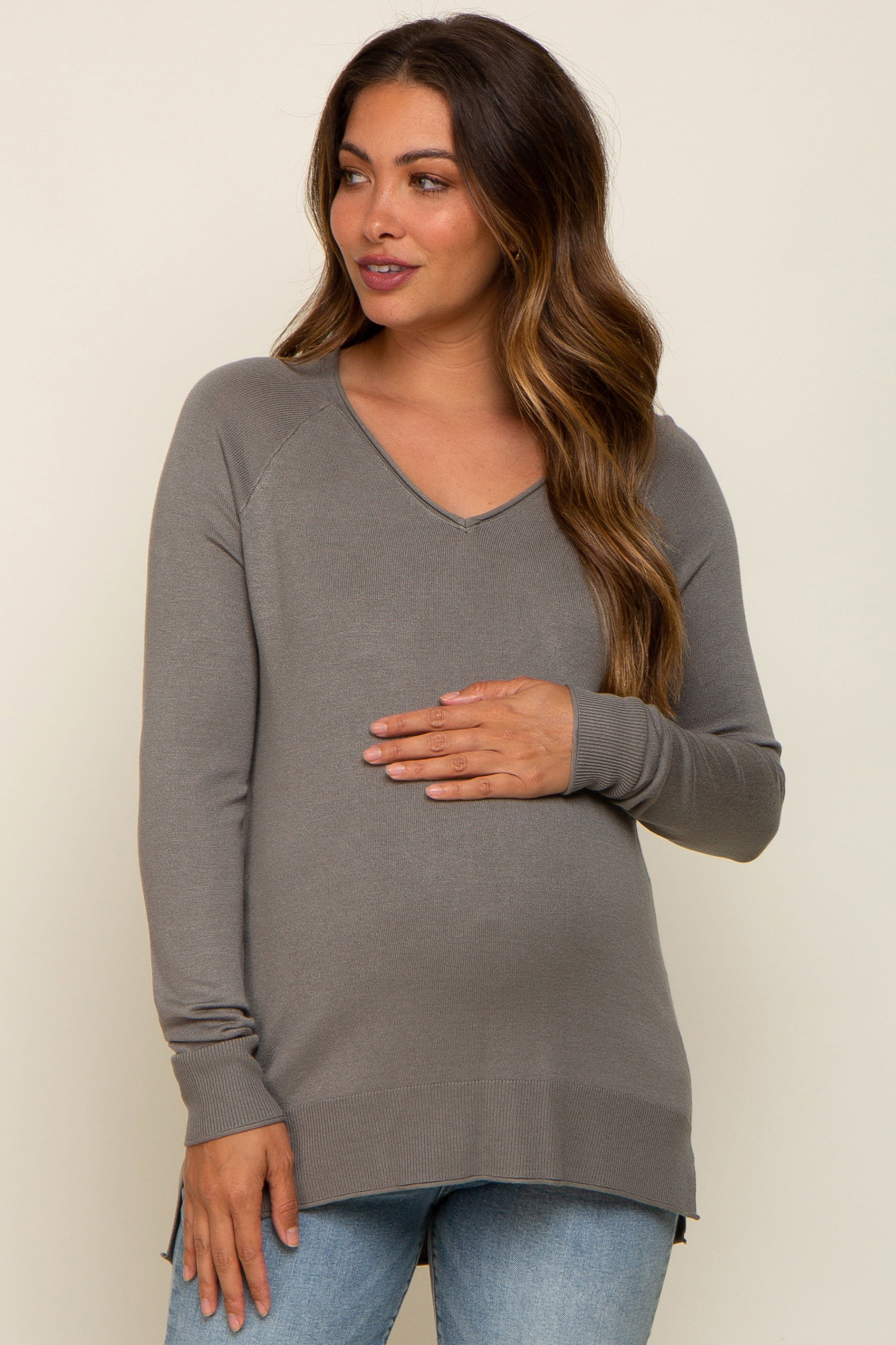 Olive Fine Knit V-Neck Side Slit Maternity Top sold by Pinkblush