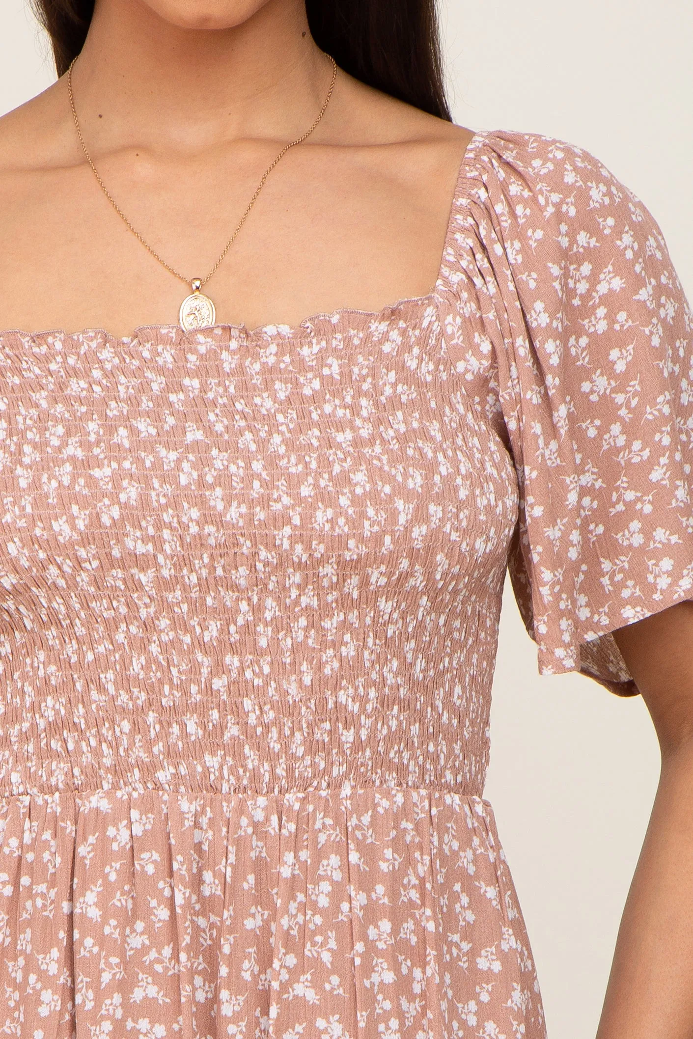 Taupe Floral Smocked Midi Dress sold by Pinkblush product image thumbnail 4