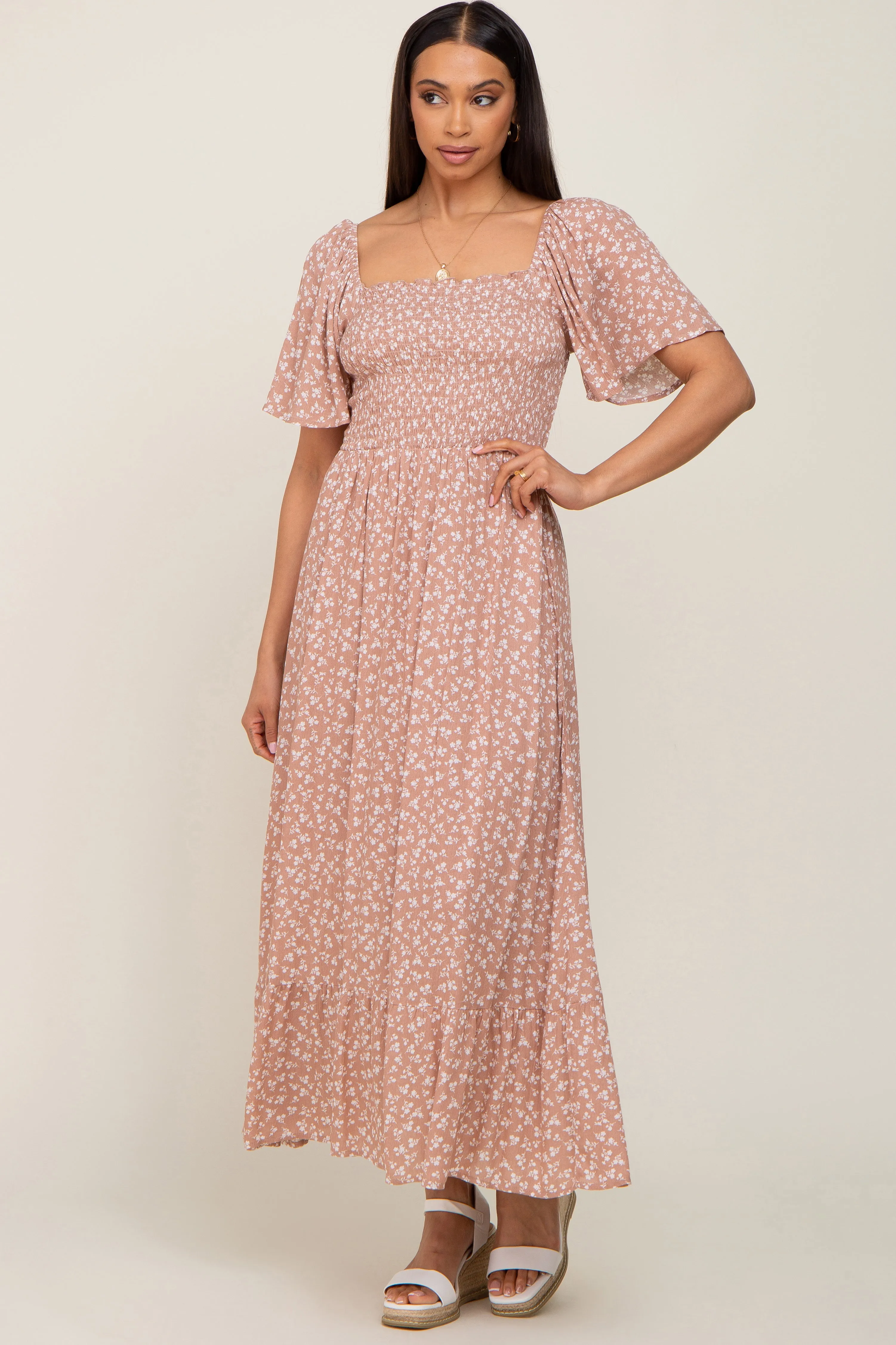 Taupe Floral Smocked Midi Dress sold by Pinkblush
