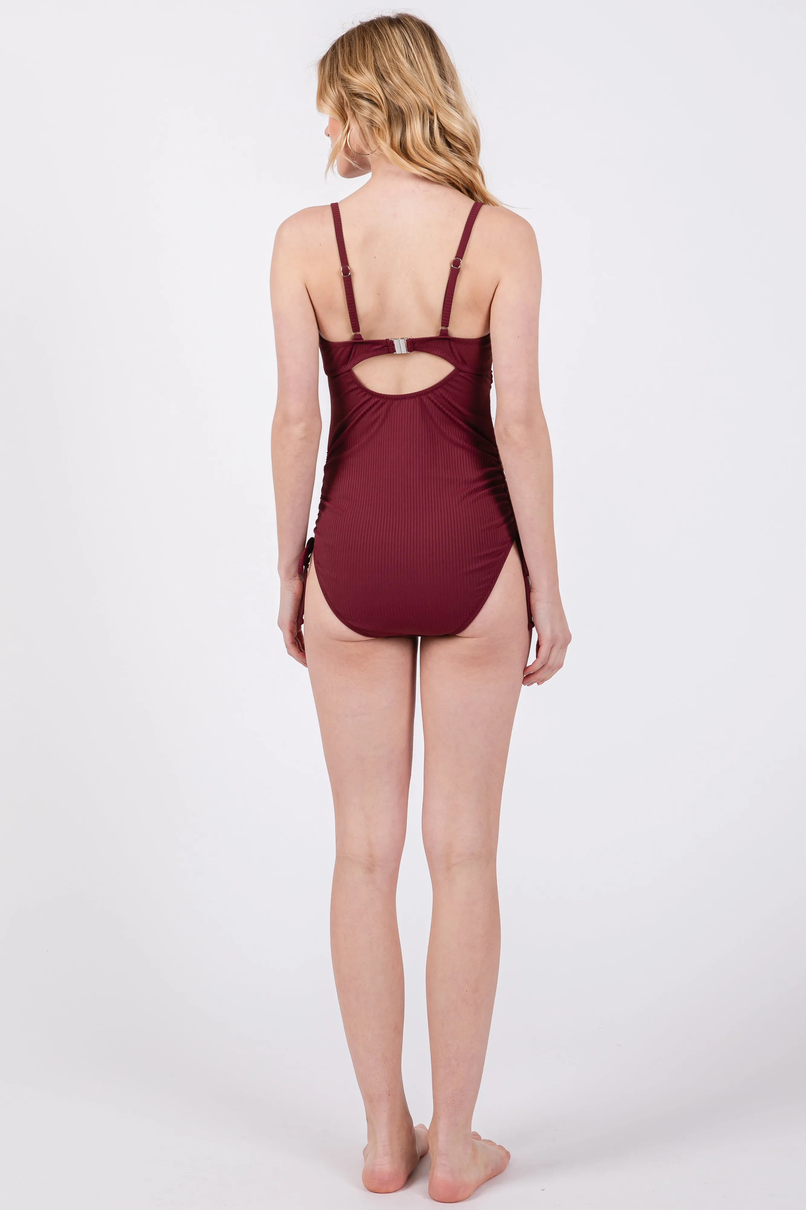 Plum Ribbed Wrap Front Drawstring Side One-Piece Swimsuit sold by Pinkblush product image thumbnail 4
