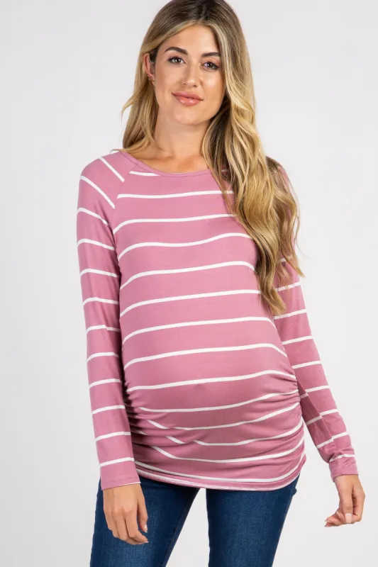 Mauve Striped Ruched Maternity Top sold by Pinkblush