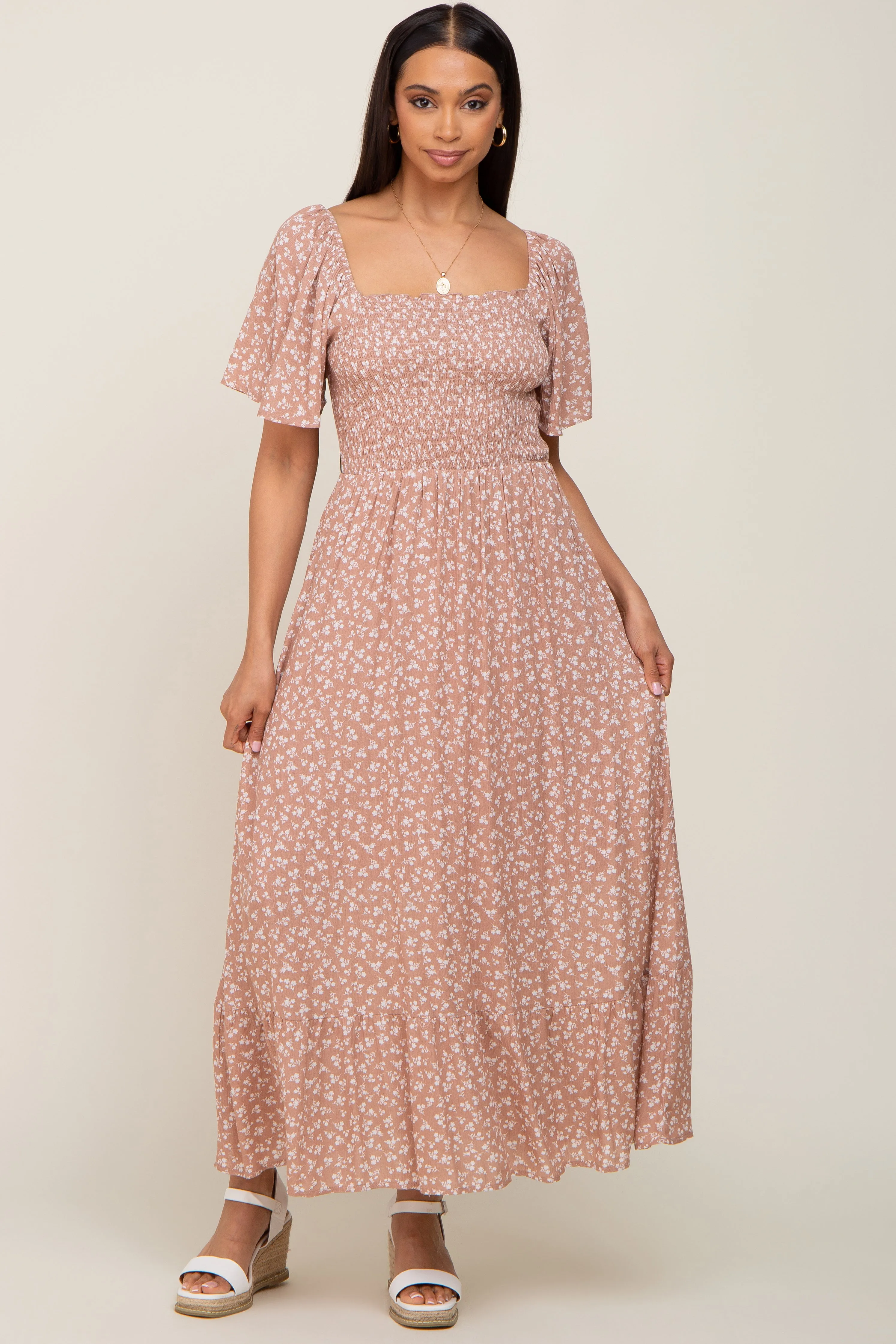 Taupe Floral Smocked Midi Dress sold by Pinkblush product image thumbnail 5