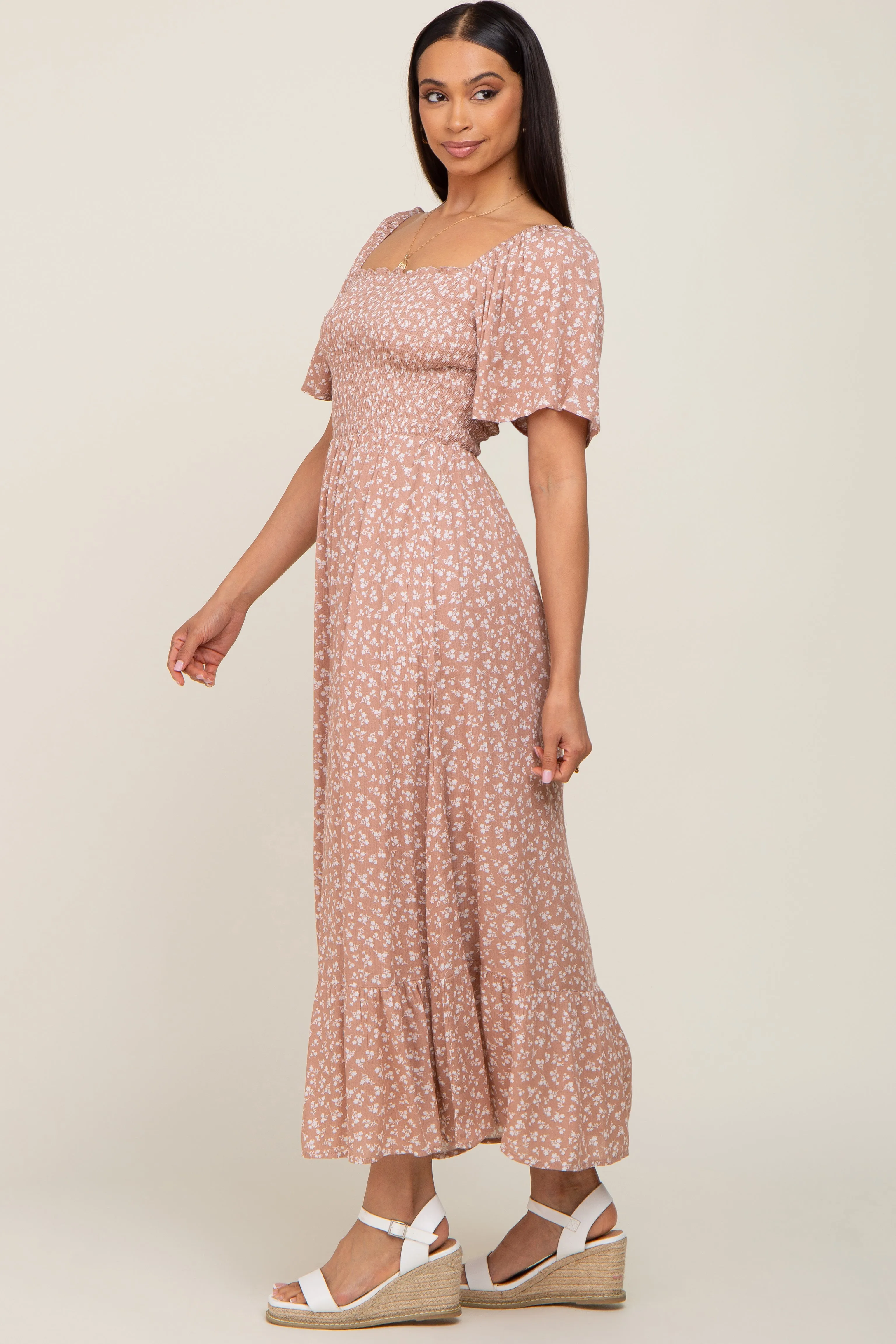 Taupe Floral Smocked Midi Dress sold by Pinkblush product image thumbnail 2