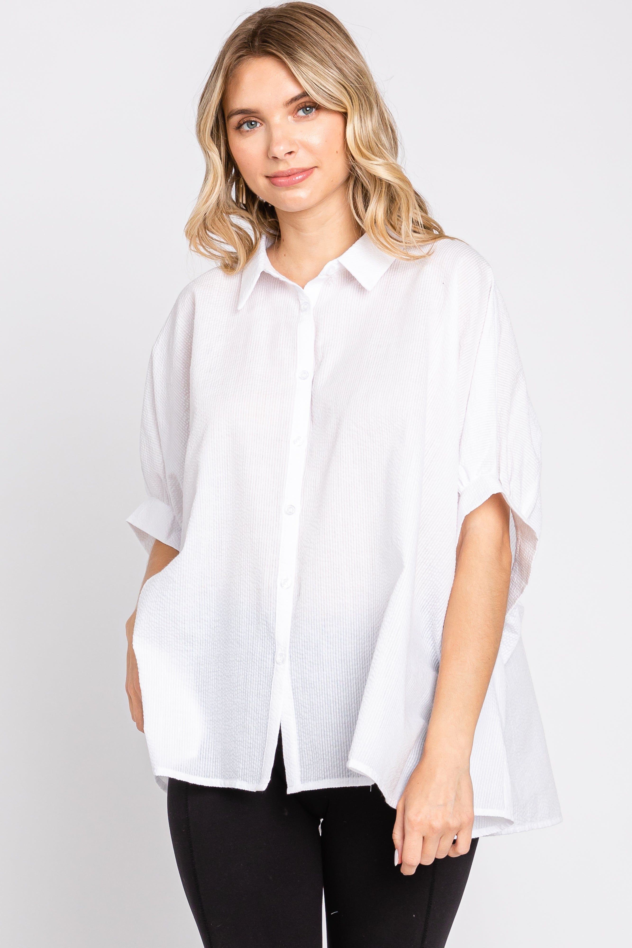 White Striped Button-Down Dolman Short Sleeve Top sold by Pinkblush