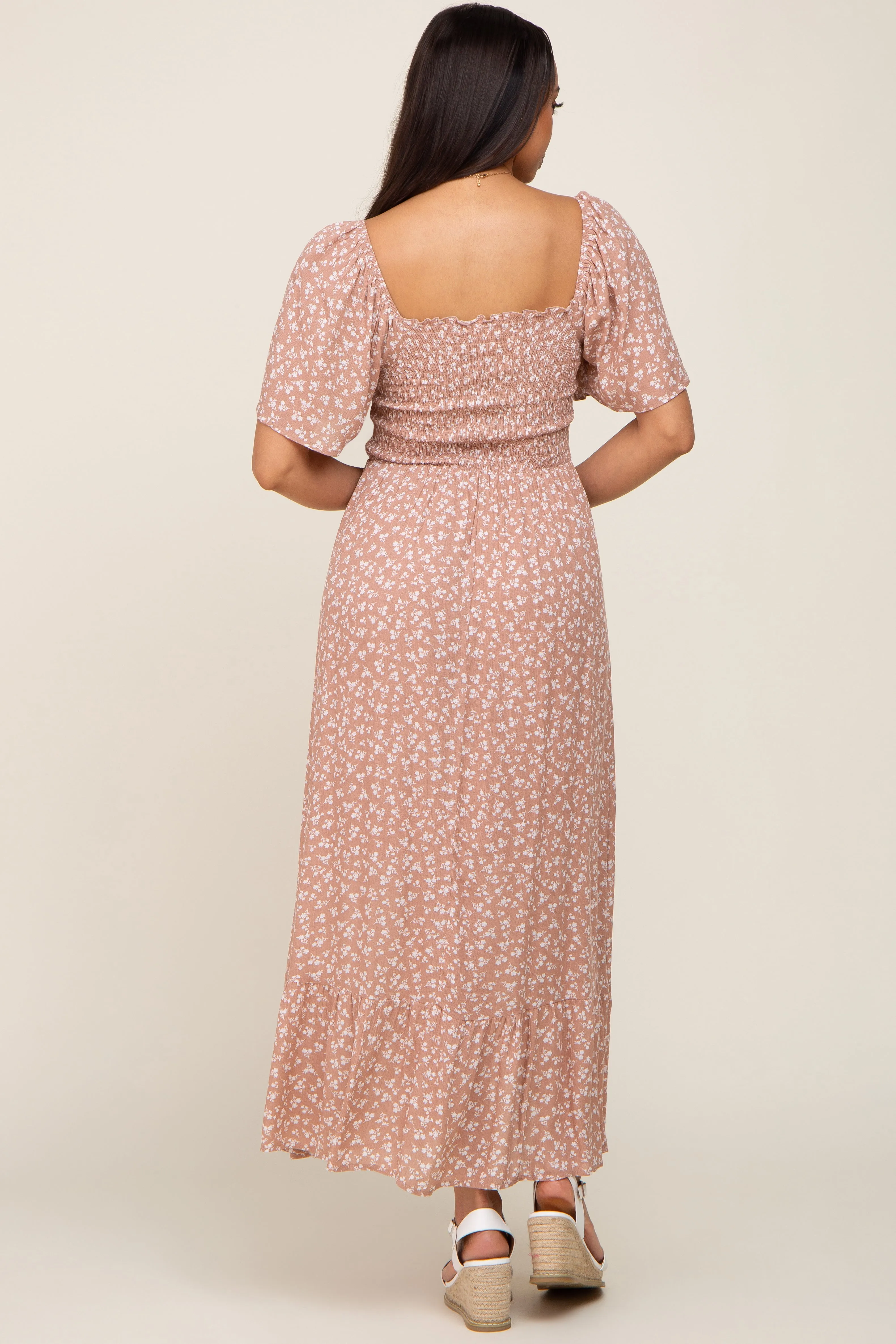 Taupe Floral Smocked Midi Dress sold by Pinkblush product image thumbnail 3