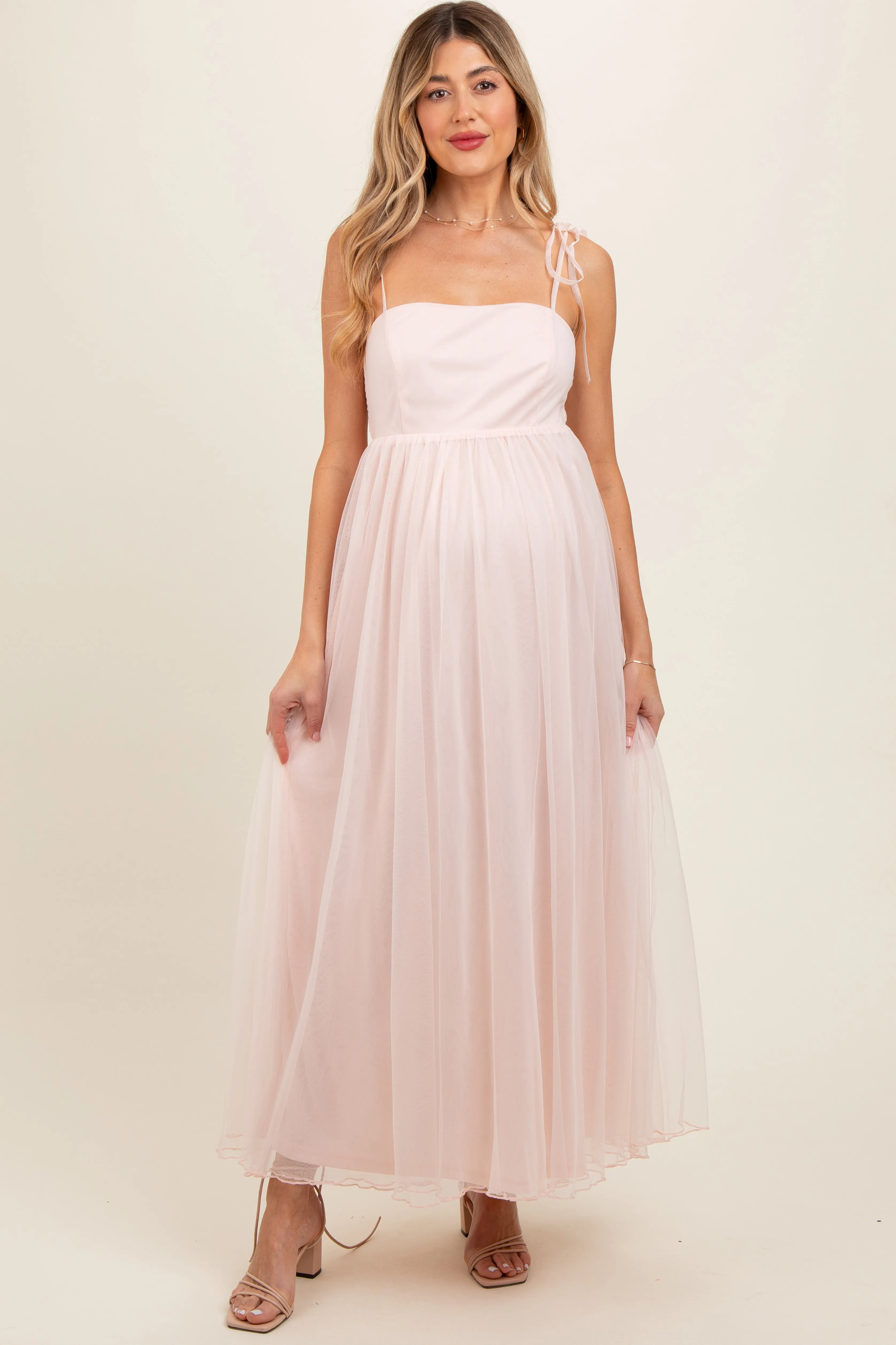 Light Pink Square Neck Shoulder Tie Tulle Maternity Maxi Dress sold by Pinkblush product image thumbnail 2