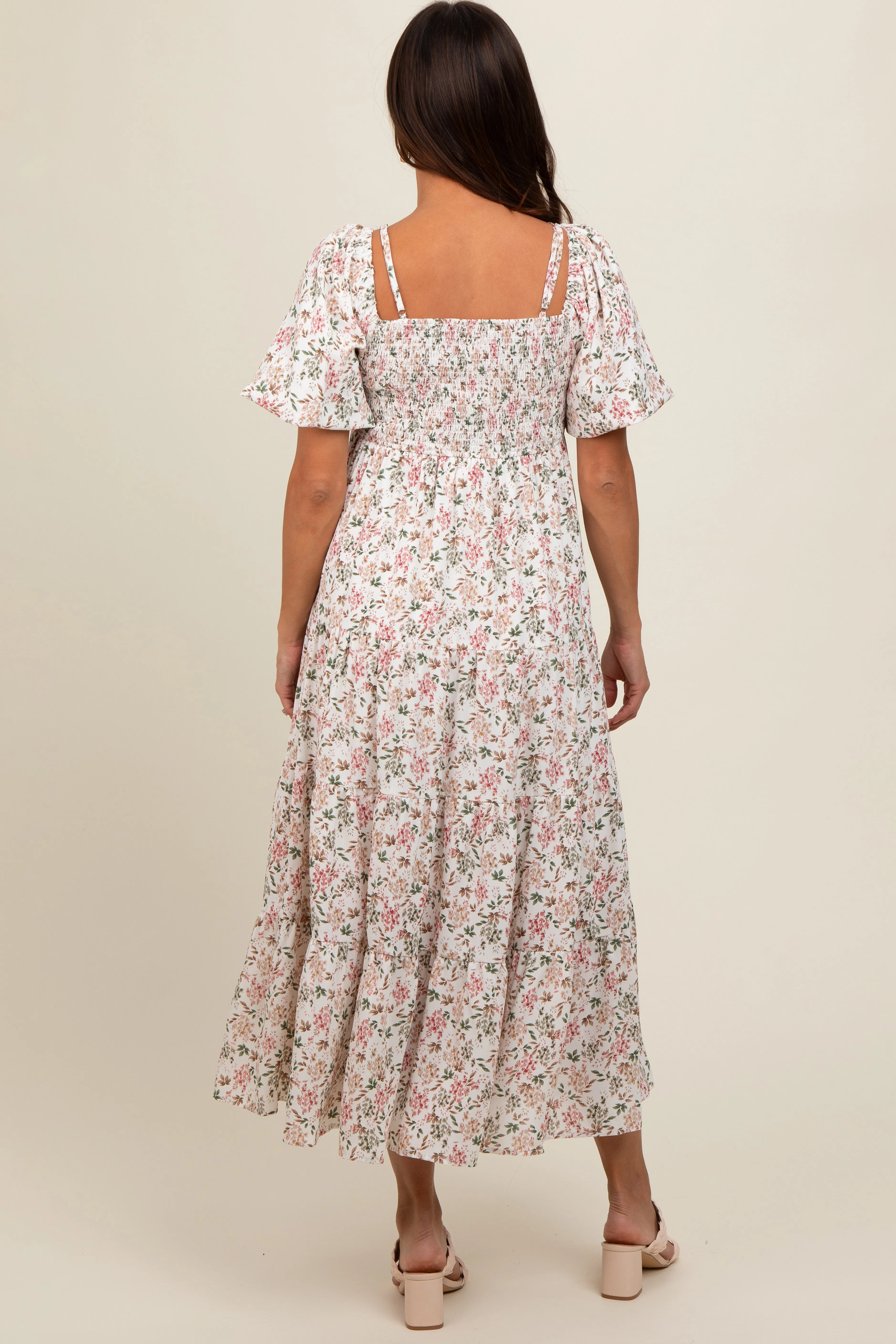 Cream Floral Ruched Strappy V-Neck Front Puff Short Sleeve Maternity Midi Dress sold by Pinkblush product image thumbnail 2