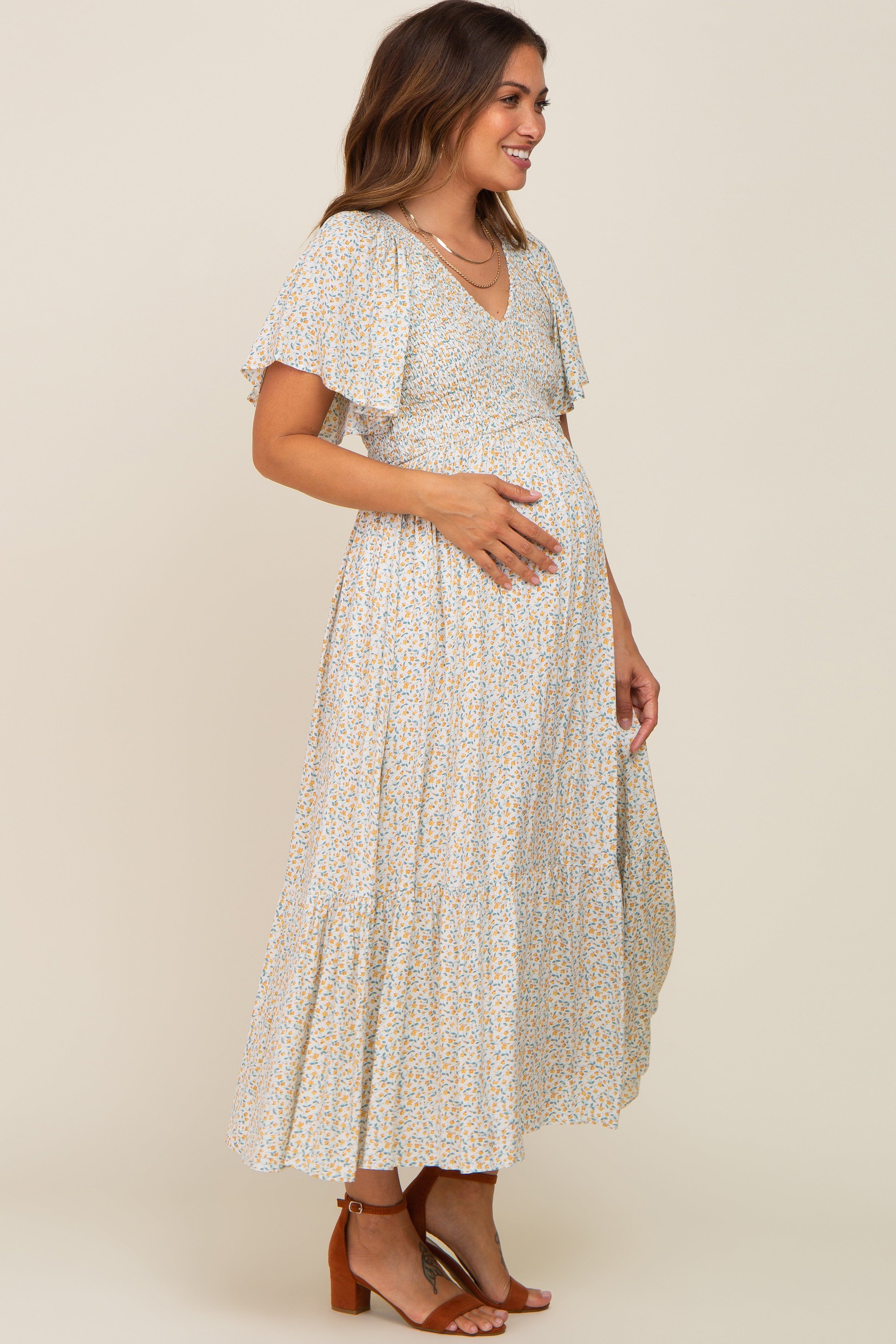 Ivory Floral Smocked Maternity Midi Dress sold by Pinkblush product image thumbnail 3