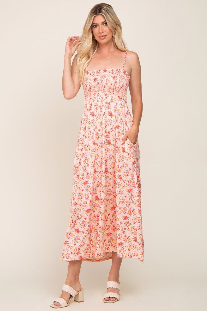 Peach Square Neck Smocked Midi Dress sold by Pinkblush product image thumbnail 4