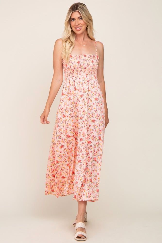 Peach Square Neck Smocked Midi Dress sold by Pinkblush