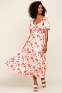 Pink Floral Satin Ruched V-Neck Puff Short Sleeve Maxi Dress sold by Pinkblush