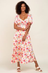 Pink Floral Satin Ruched V-Neck Puff Short Sleeve Maxi Dress sold by Pinkblush