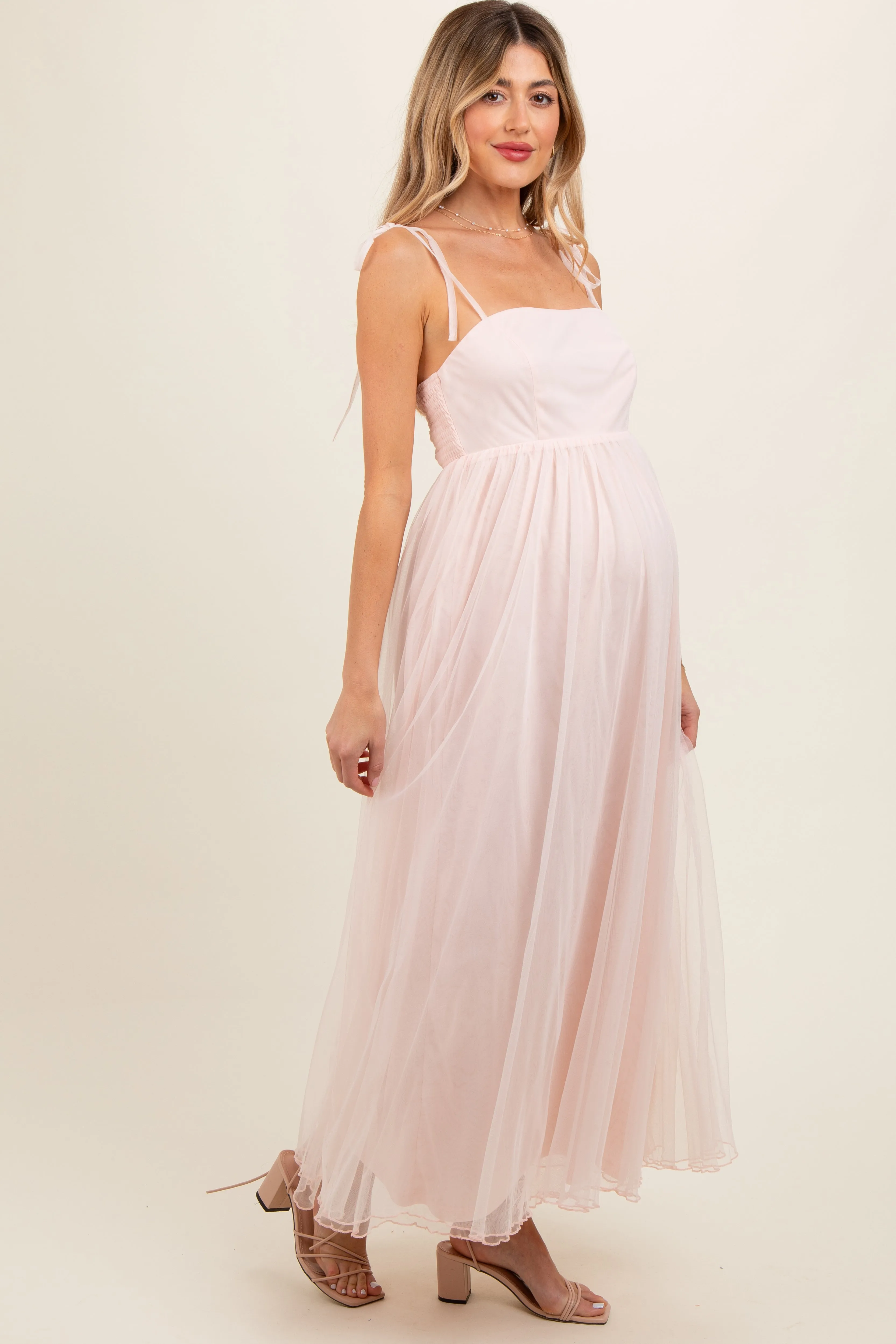 Light Pink Square Neck Shoulder Tie Tulle Maternity Maxi Dress sold by Pinkblush product image thumbnail 3