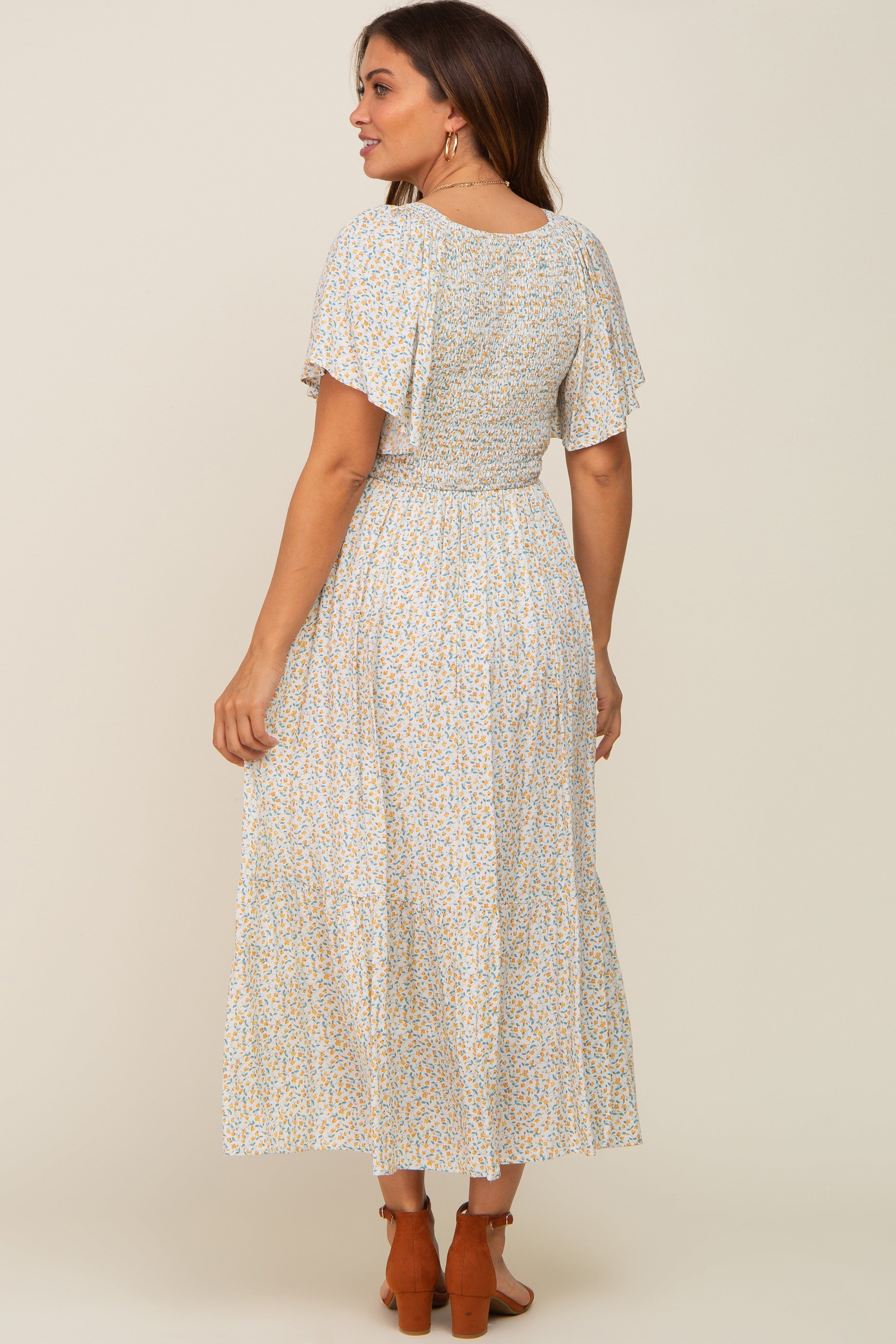 Ivory Floral Smocked Maternity Midi Dress sold by Pinkblush product image thumbnail 4