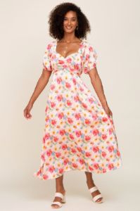 Pink Floral Satin Ruched V-Neck Puff Short Sleeve Maxi Dress sold by Pinkblush
