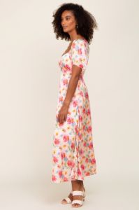 Pink Floral Satin Ruched V-Neck Puff Short Sleeve Maxi Dress sold by Pinkblush