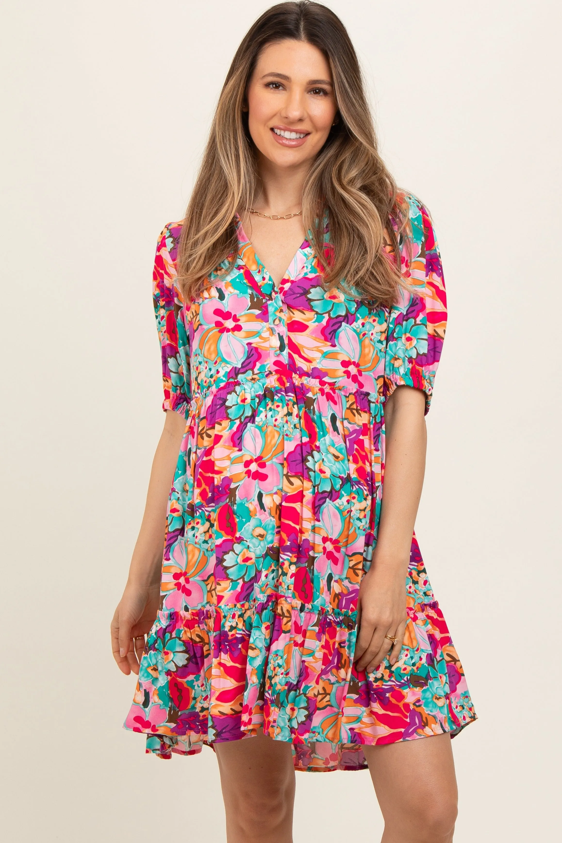 Pink Floral Button Short Sleeve Maternity Dress sold by Pinkblush