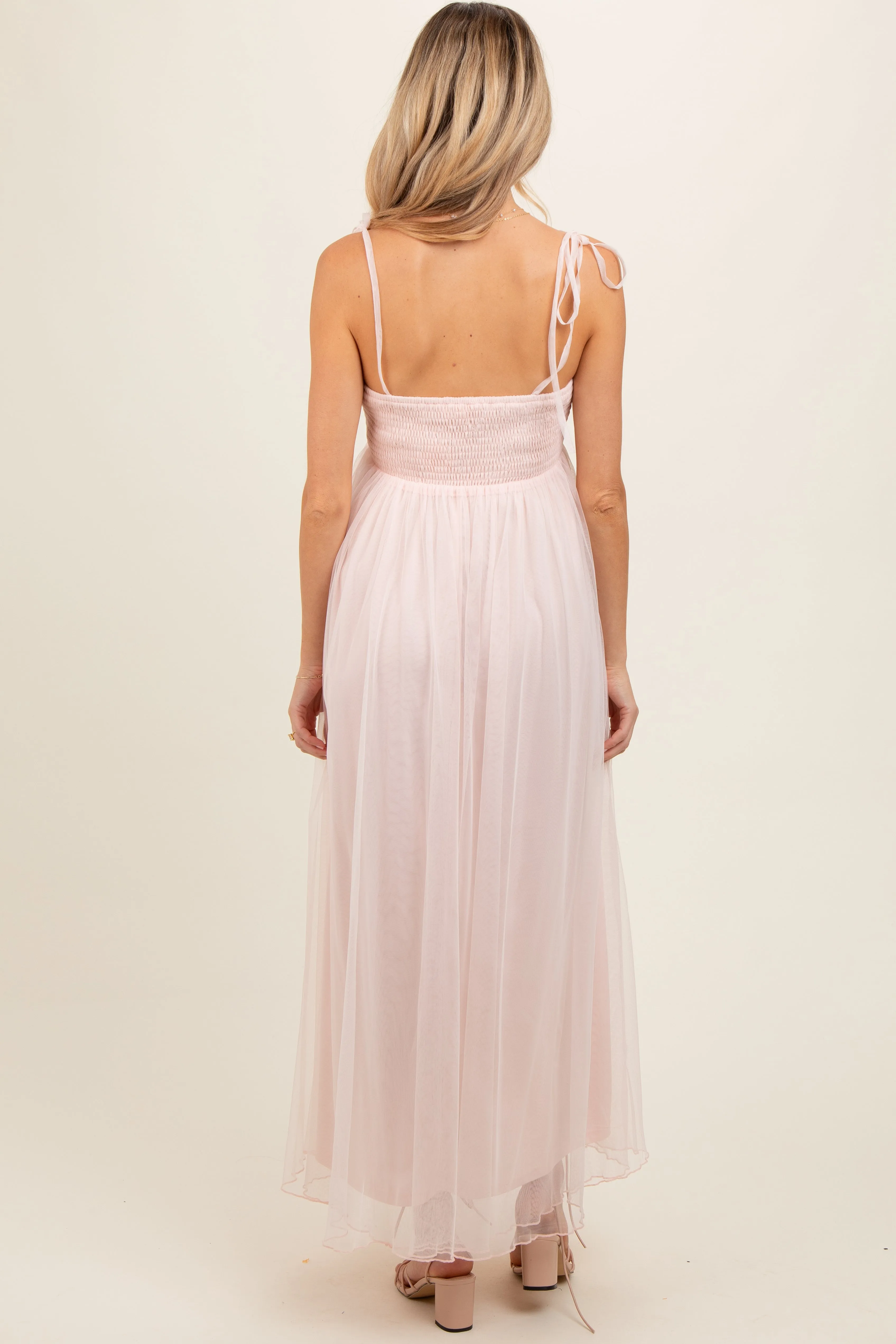 Light Pink Square Neck Shoulder Tie Tulle Maternity Maxi Dress sold by Pinkblush product image thumbnail 4