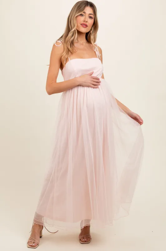 Light Pink Square Neck Shoulder Tie Tulle Maternity Maxi Dress sold by Pinkblush
