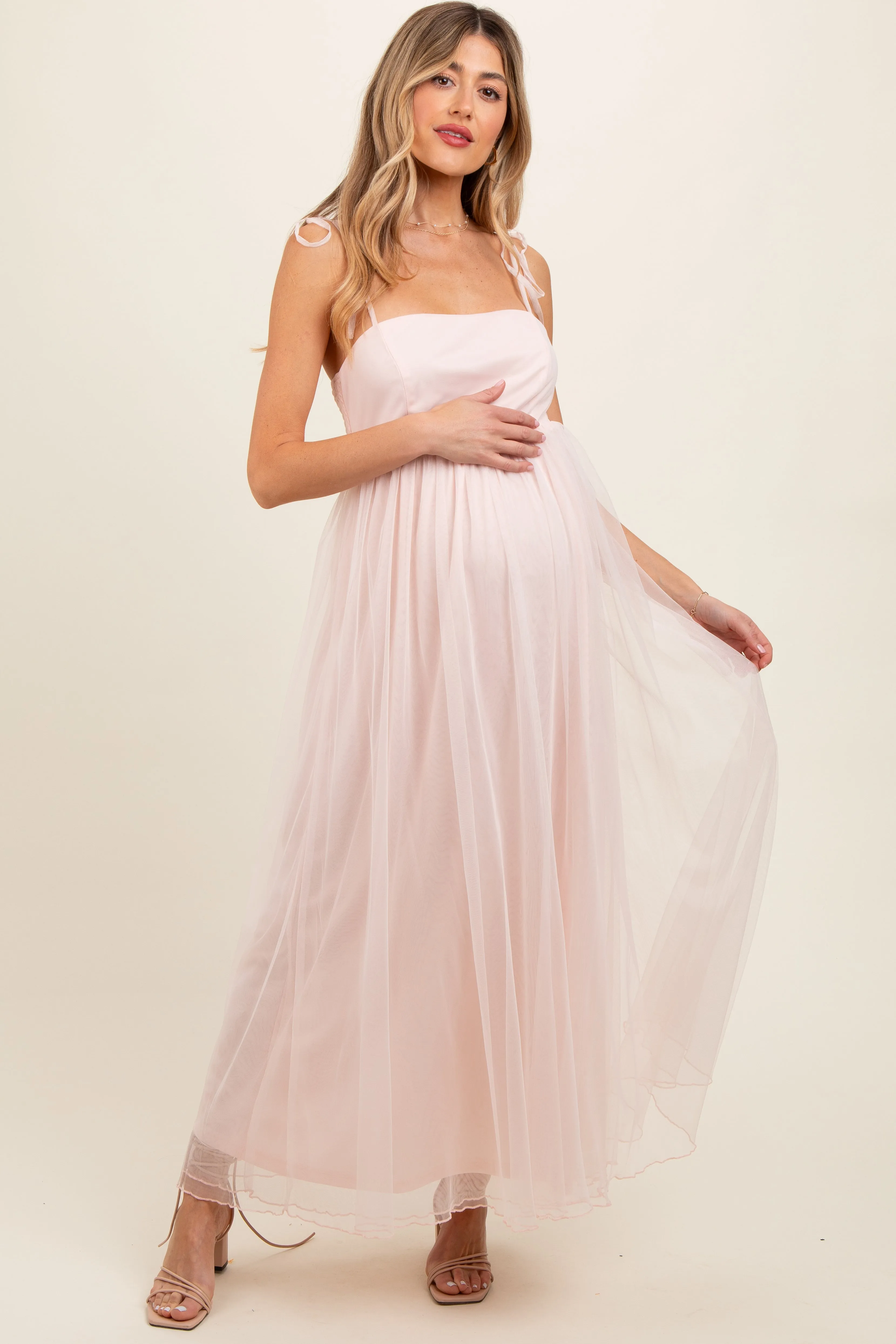 Light Pink Square Neck Shoulder Tie Tulle Maternity Maxi Dress sold by Pinkblush