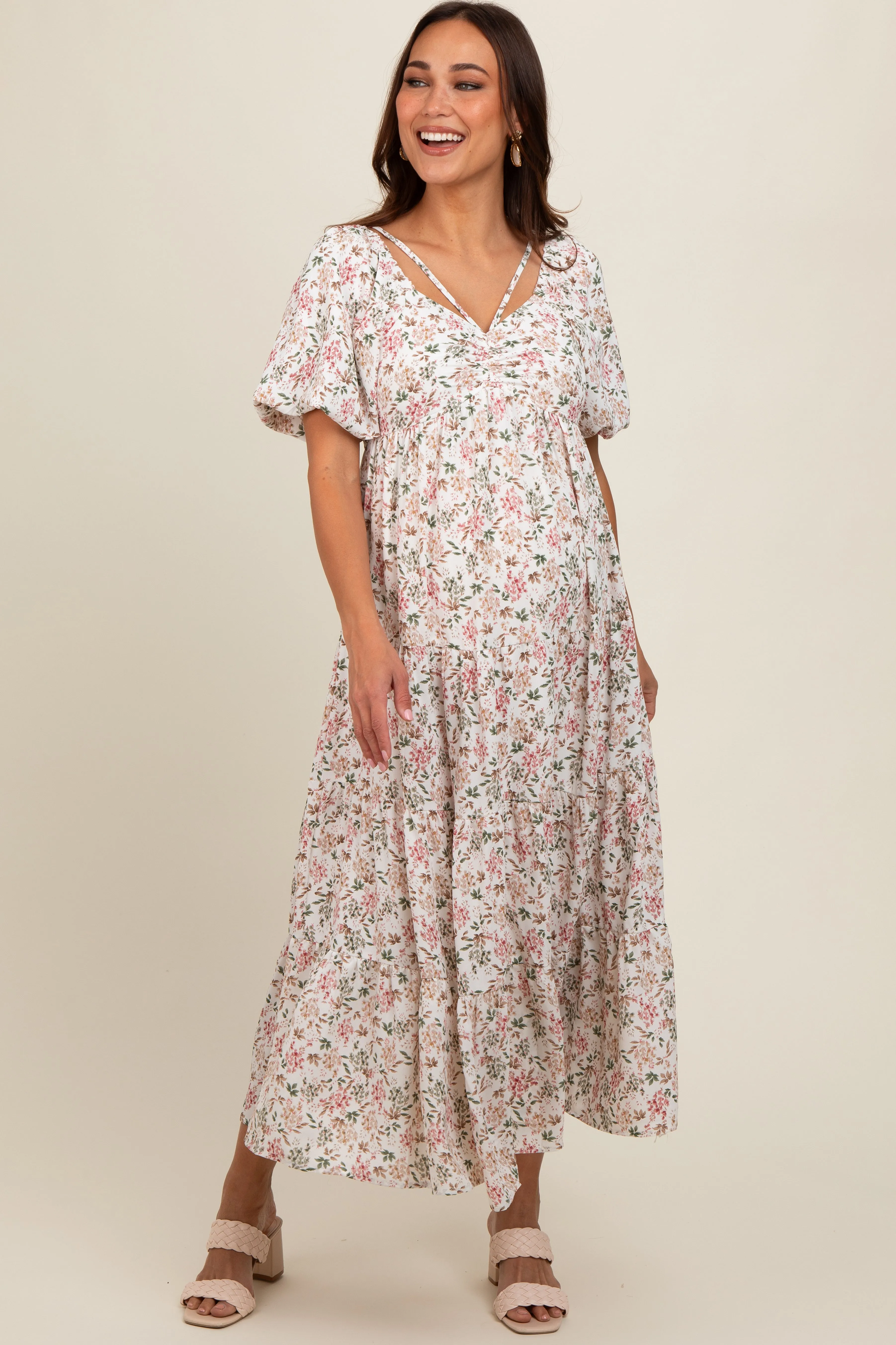 Cream Floral Ruched Strappy V-Neck Front Puff Short Sleeve Maternity Midi Dress sold by Pinkblush
