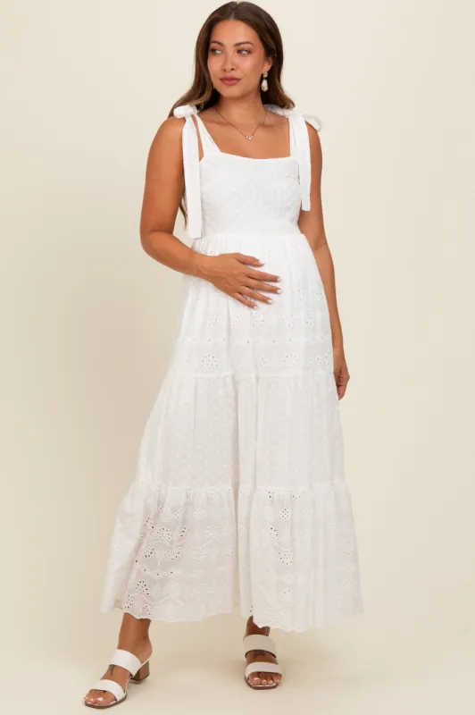 White Embroidered Eyelet Lace Maternity Maxi Dress sold by Pinkblush