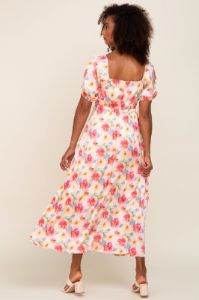 Pink Floral Satin Ruched V-Neck Puff Short Sleeve Maxi Dress sold by Pinkblush