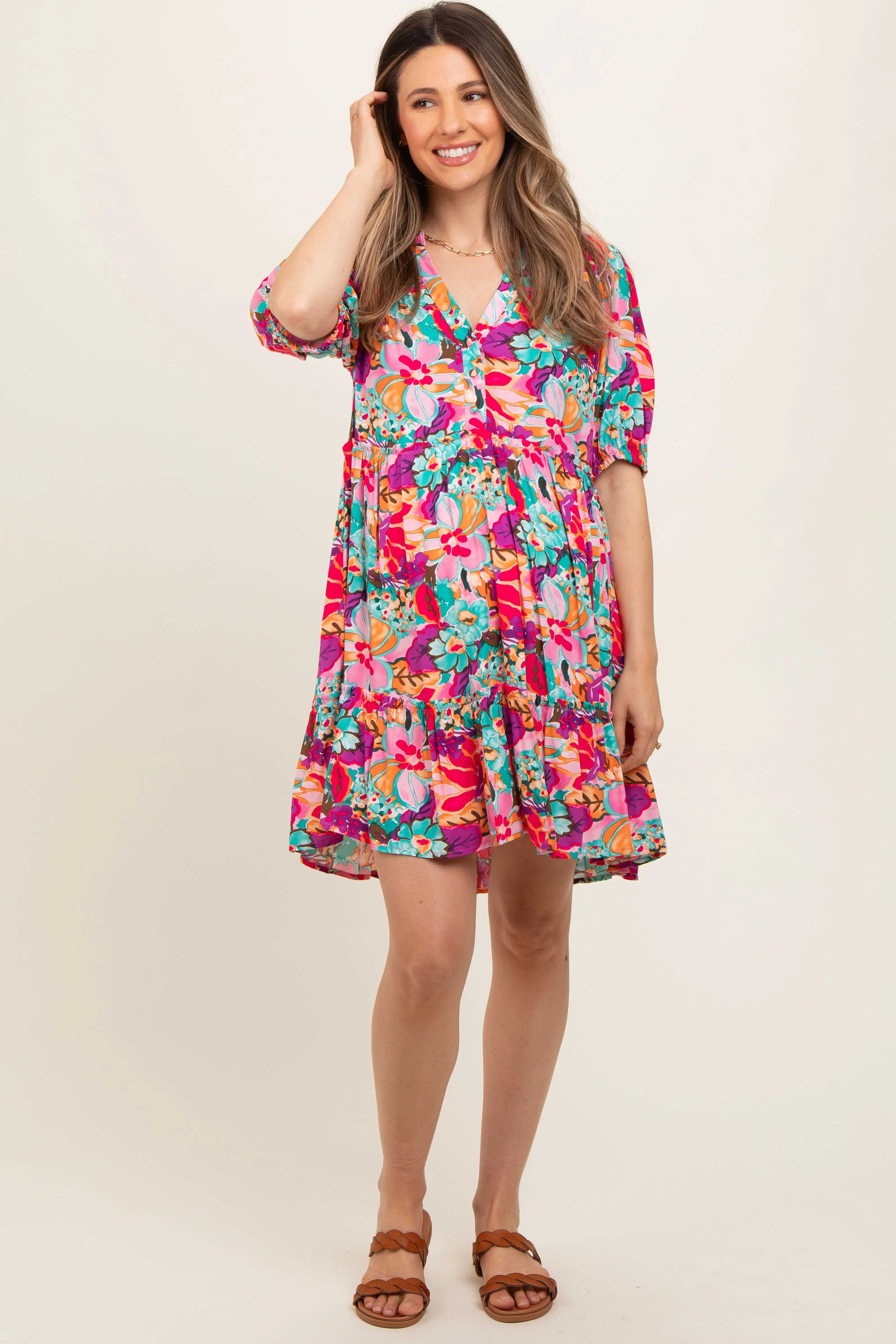 Pink Floral Button Short Sleeve Maternity Dress sold by Pinkblush product image thumbnail 2