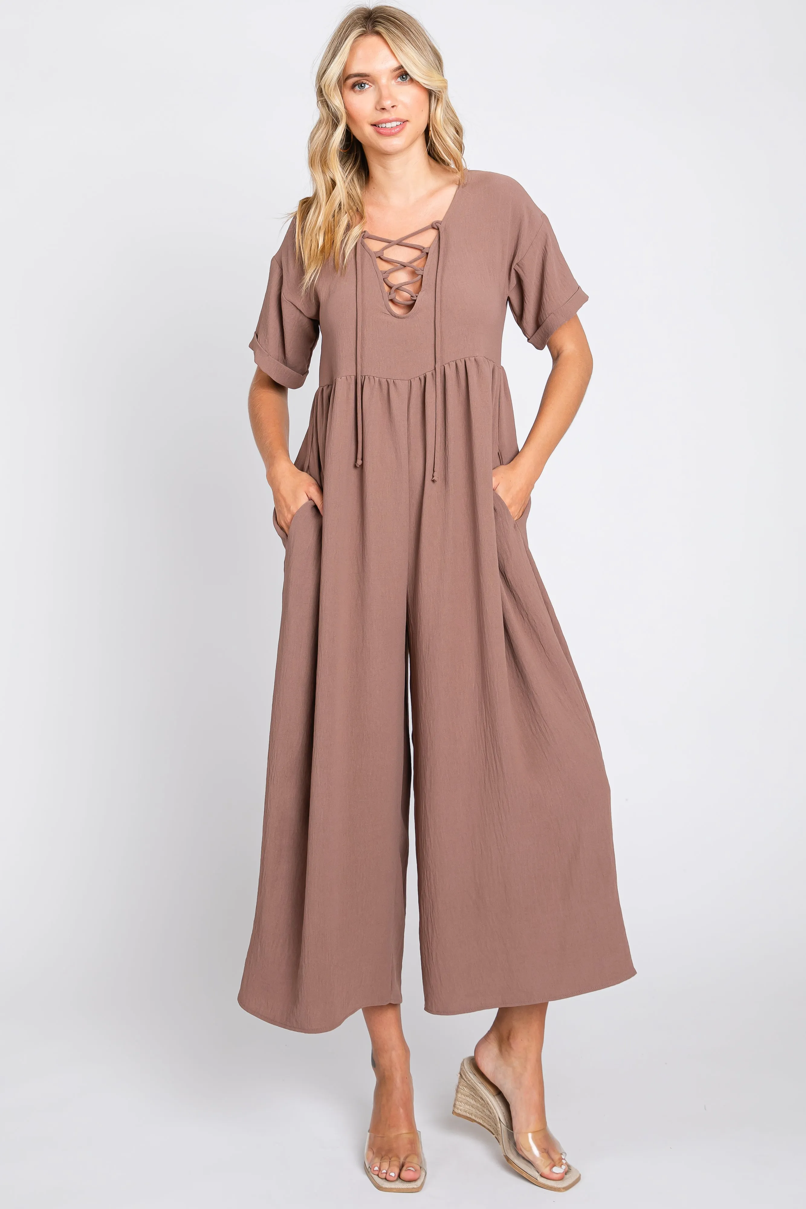 Mocha Crisscross Wide Leg Maternity Jumpsuit sold by Pinkblush product image thumbnail 5