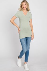 Light Olive V-Neck Short Sleeve Top sold by Pinkblush