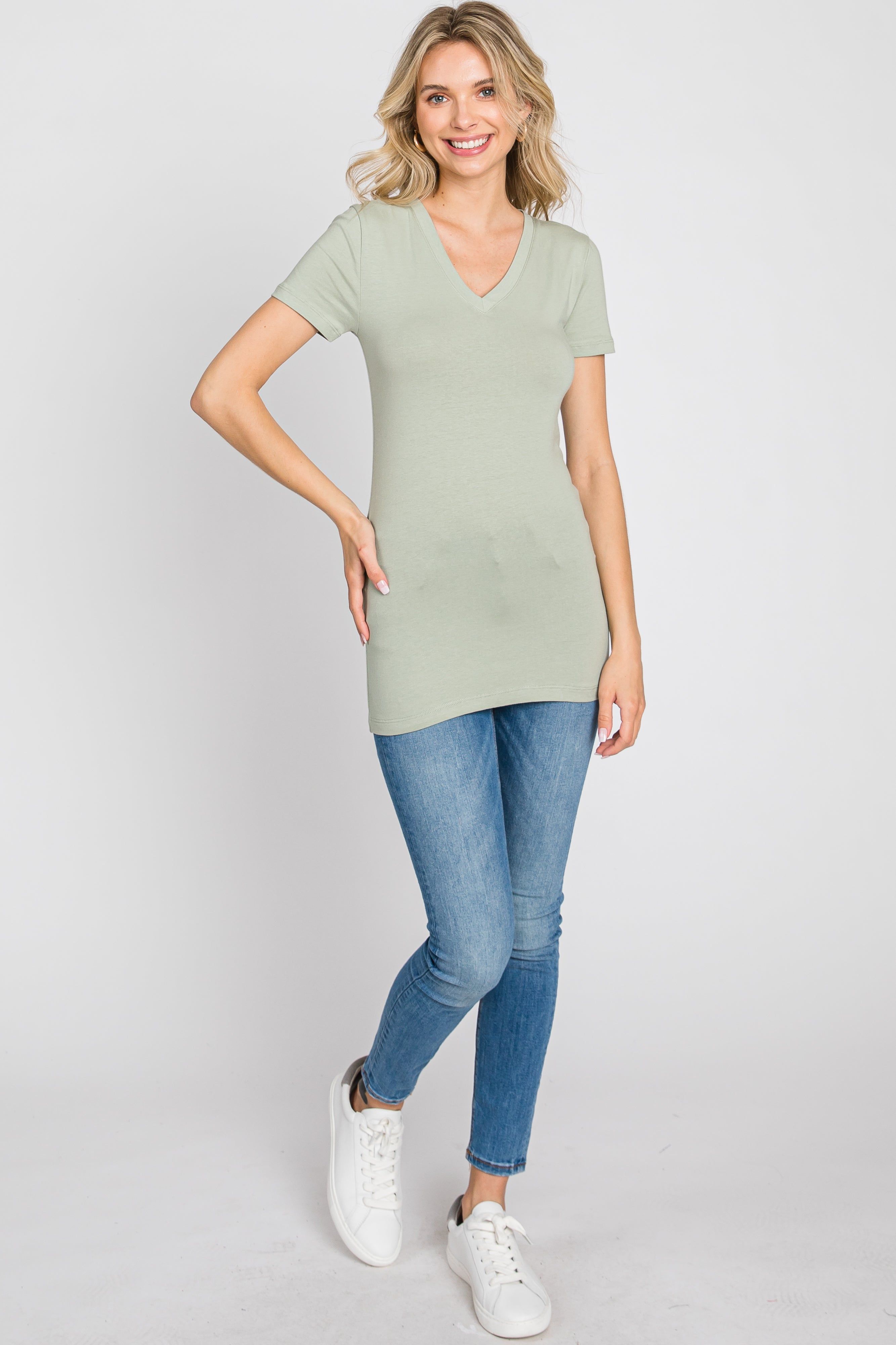 Light Olive V-Neck Short Sleeve Top sold by Pinkblush product image thumbnail 2