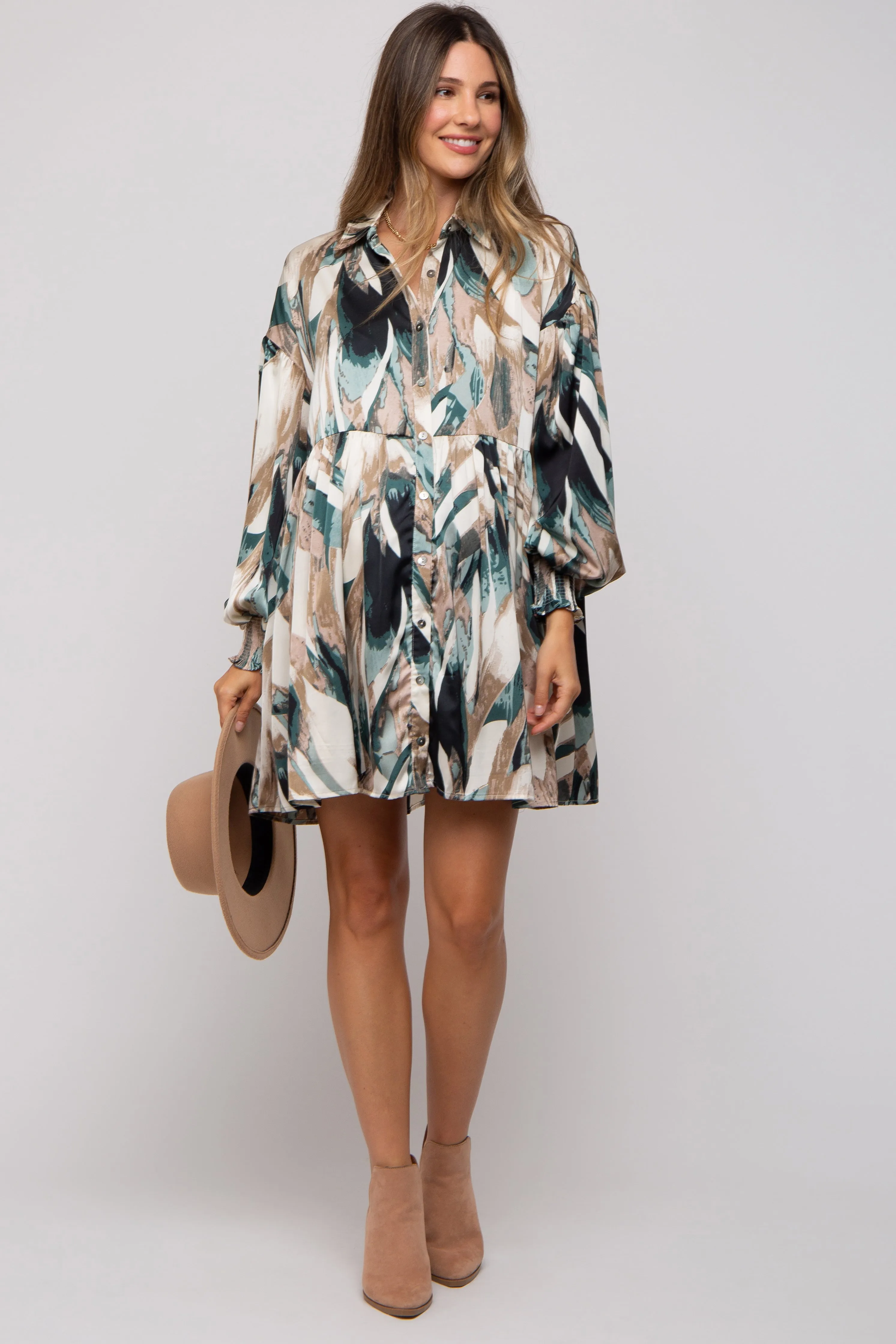 Forest Green Print Button Down Puff Sleeve Maternity Dress sold by Pinkblush