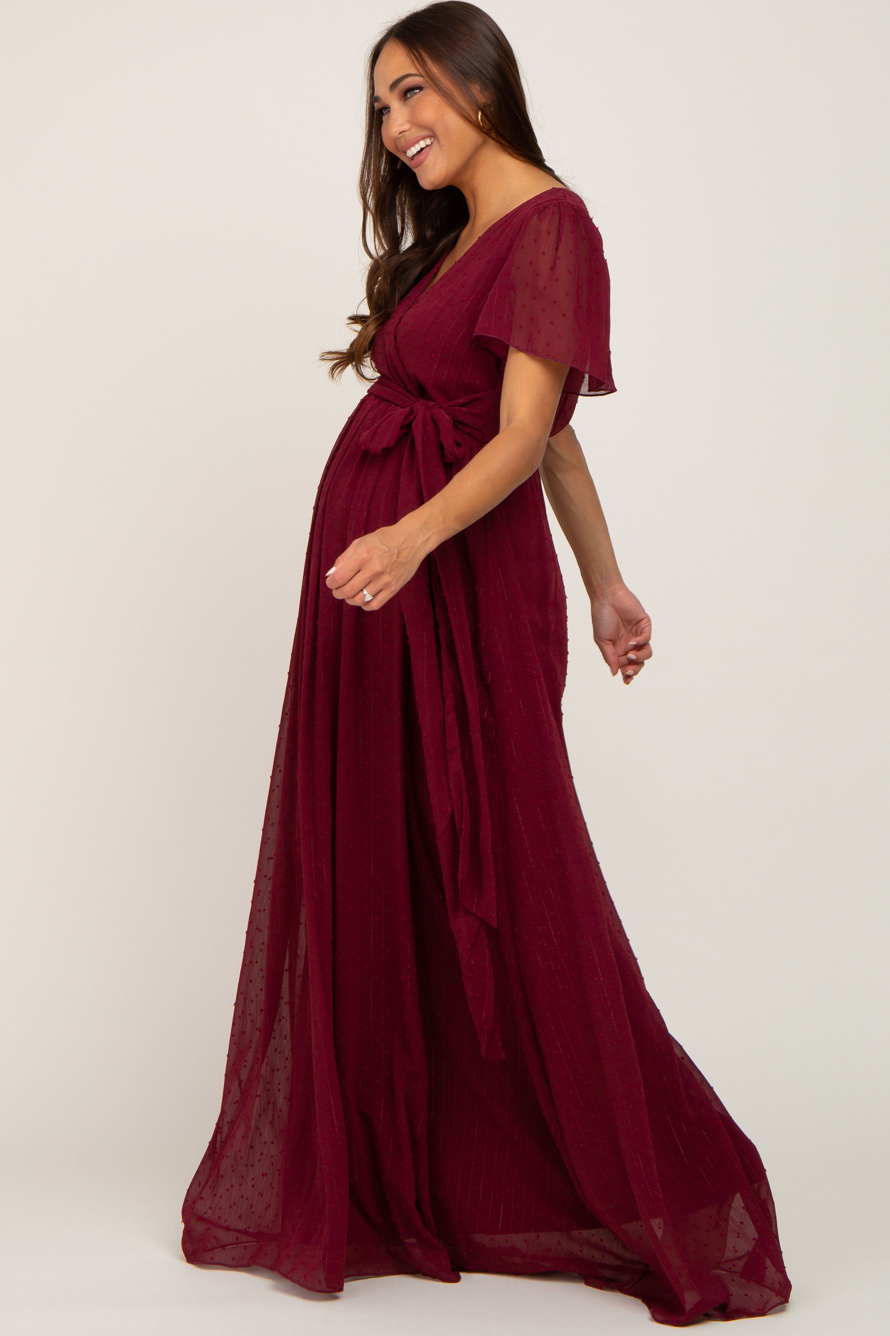 Burgundy Swiss Dot Chiffon Maternity Maxi Dress sold by Pinkblush product image thumbnail 2