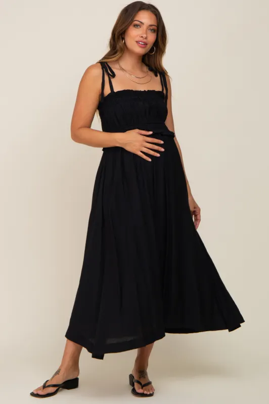 Black Shirred Shoulder Tie Maternity Midi Dress sold by Pinkblush